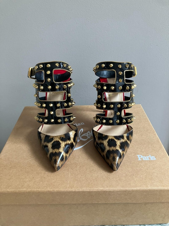 Christian Louboutin Shoes - Christian Louboutin Leopard Pointed Studded Strap Pump - Black & Brown